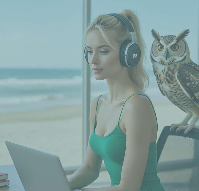 Profissional estudando com fones de ouvido, com a coruja ECOJURIS ao lado